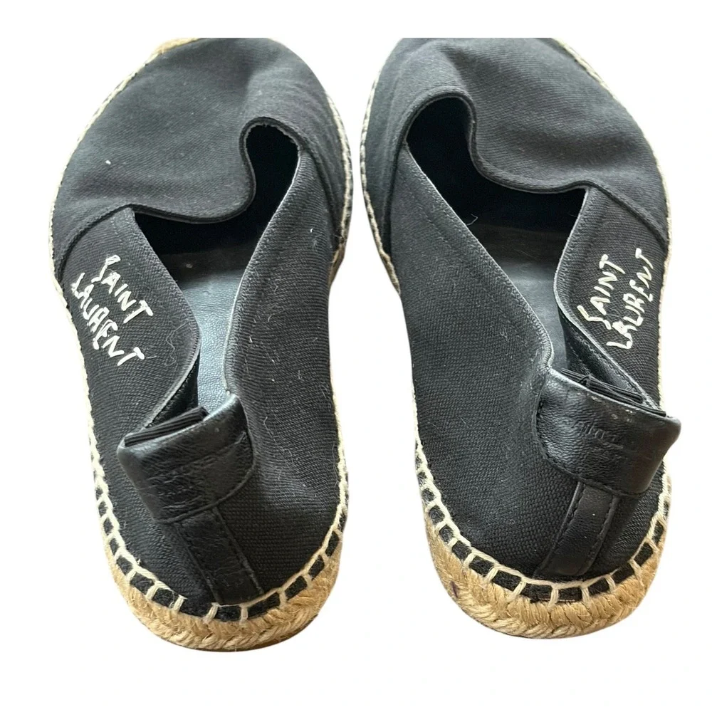 Saint Laurent Womens Espadrilles Flats Shoes Black Canvas Embroidered Logo‎ 37.5
